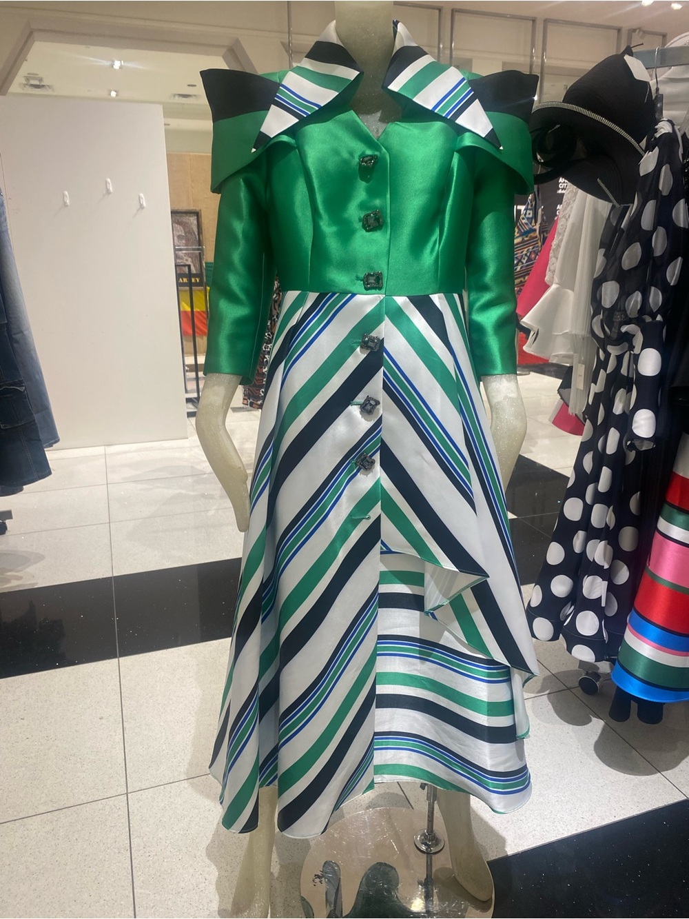 Emerald Satin & Striped Fit-and-Flare Dress